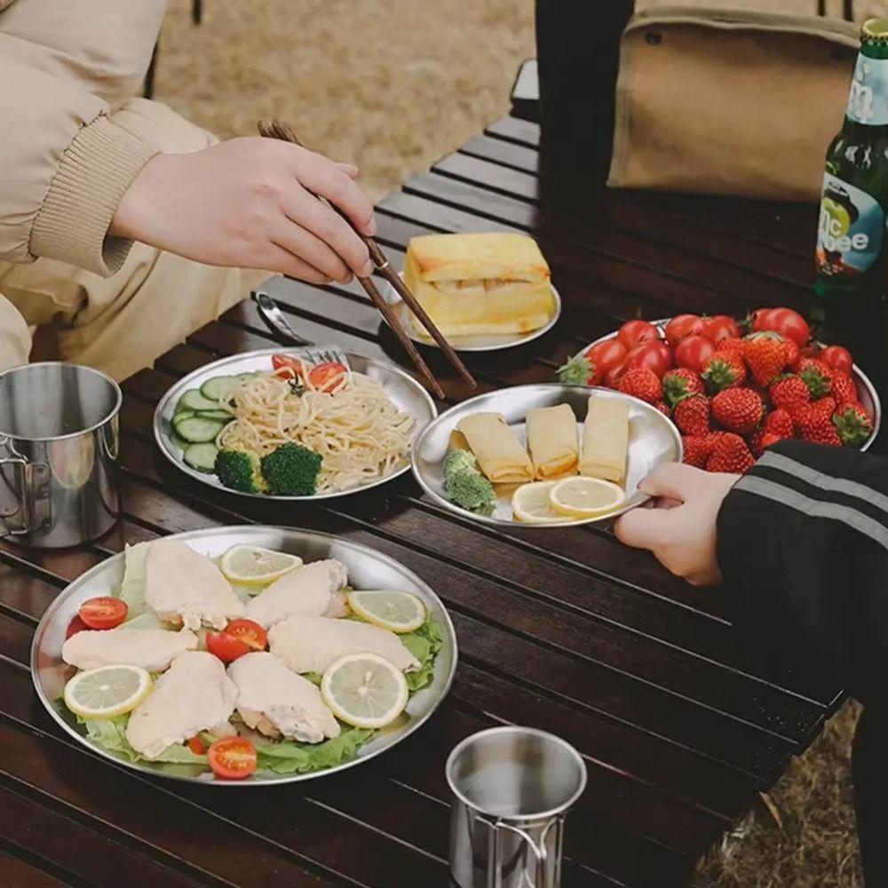 Cake Plate Reusable Picnic Dinner Plate 14/17/20/23/26cm Stainless Steel Dining Tray Round Shape Stackable Dessert Plate Hiking