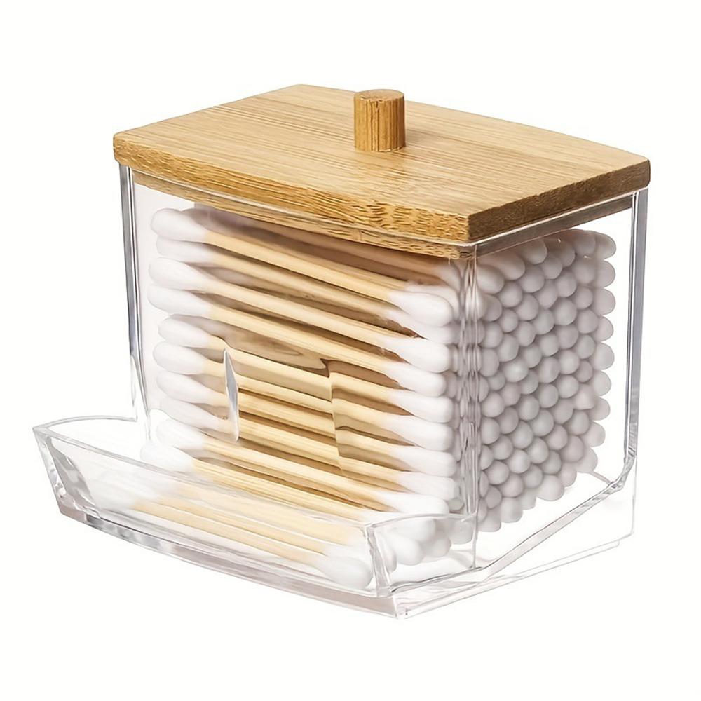 

Acrylic Transparent Square Cotton Swab Storage Jar with Bamboo Lid - Easy Access Cotton Bud Container