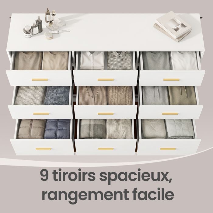 Cómoda de Dormitorio con Cajones, Mueble de Almacenamiento Moderno, Cómoda para Dormitorio o Sala de Estar, 9 Cajones, 40 x 160,2 x 78 cm, Blanco