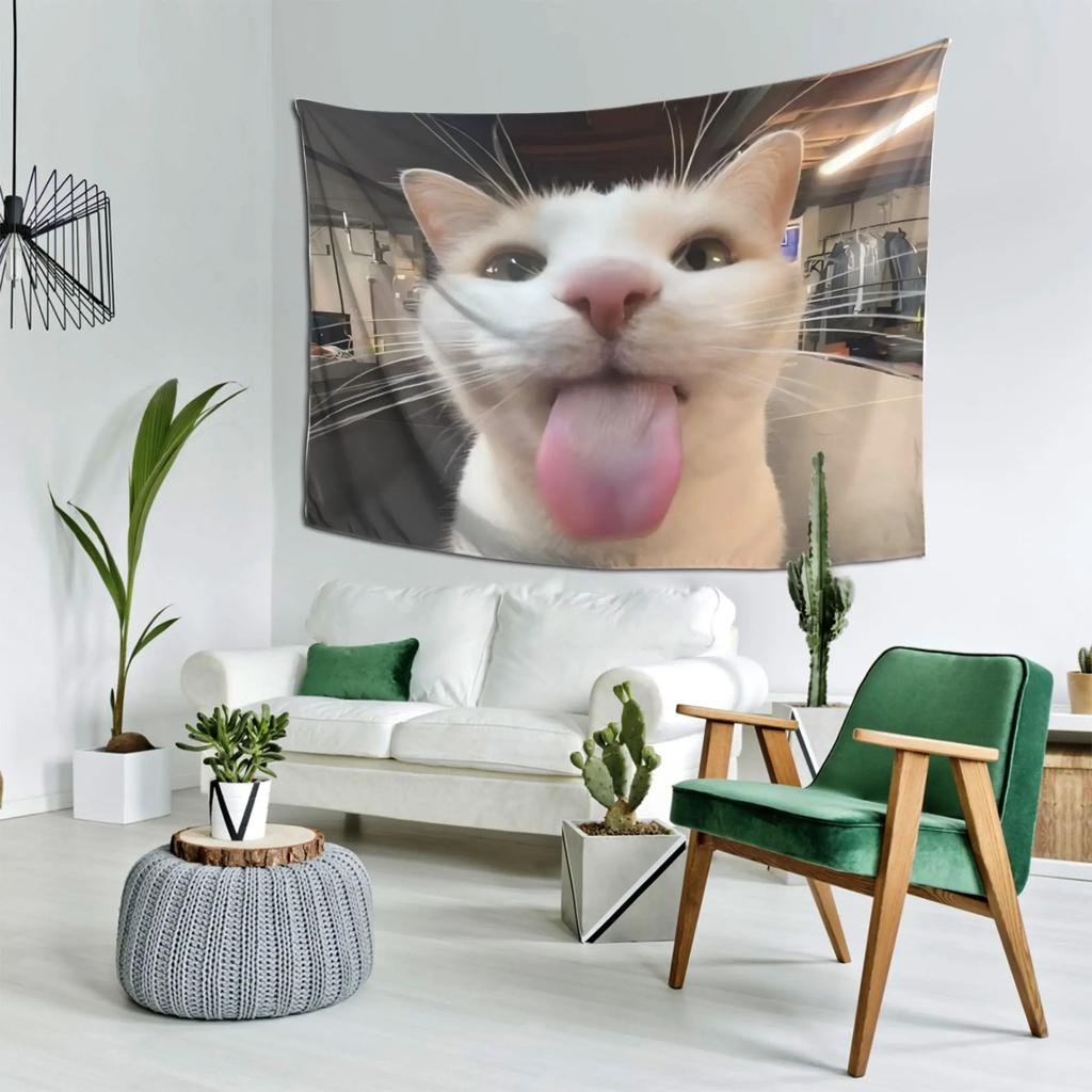 Warm Ins Style Cute Talking Cat Tapestry Creative Wall Decor for Living Room Sofa Bedroom Unique Home Decoration