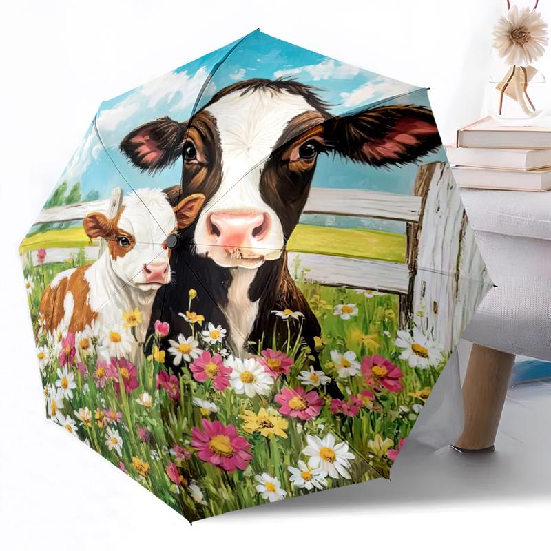 Cows in Flower Field Outdoor Automatic Umbrella Retractable Design with 8-Rib Durability Lightweight Perfect Gift for Friends Family