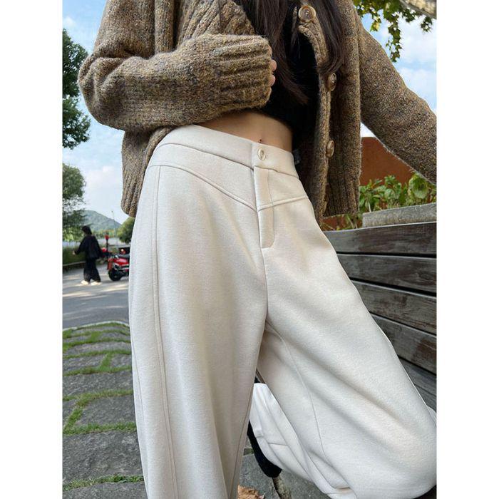 

Women s High Waist Woolen Wide Leg Pants - Autumn/Winter Style, Floor-Length, Straight Leg, Loose Fit L абрикосовый/белый