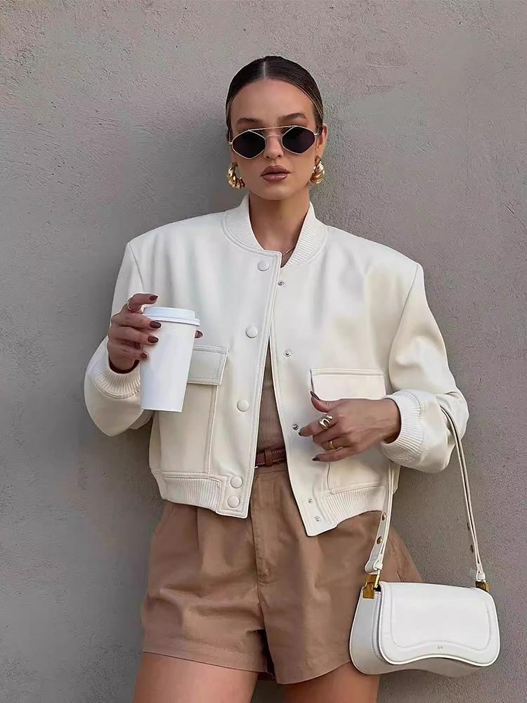 Women Fashion With Pockets Bomber Jacket Coats Vintage Long Sleeve Front Button Casual Female Outerwear Chic Tops