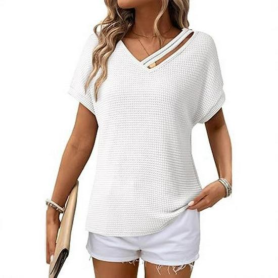 European & American Women's Waffle Knit V-Neck Short Sleeve Shirt