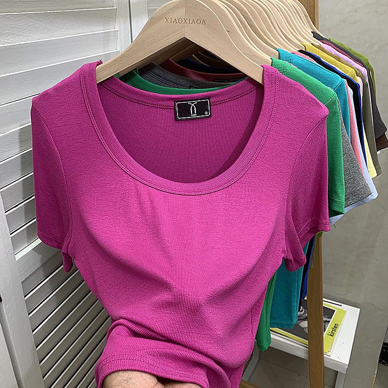 

Женская футболка больших размеров облегающего кроя темно-серого цвета, эластичная, рубчатая, с U-образным вырезом и короткими рукавами XXL