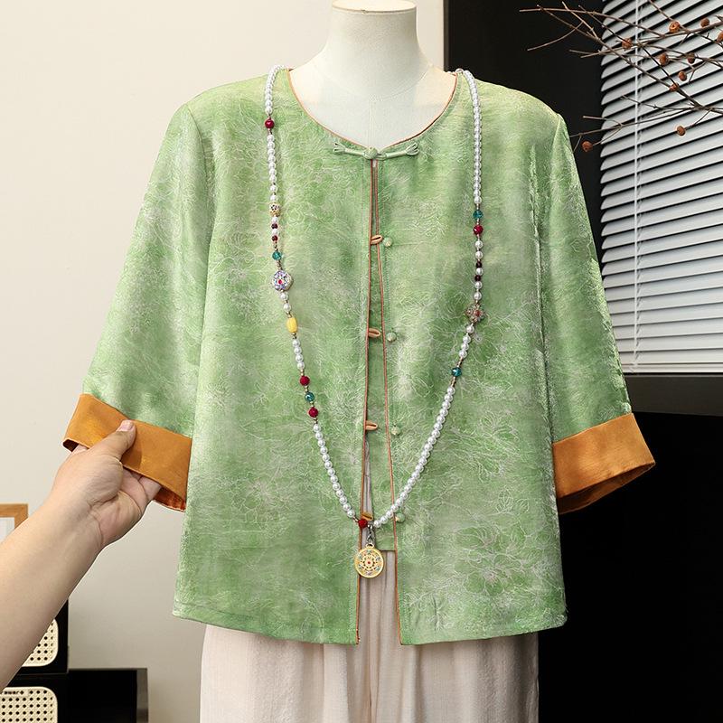 

2026 Elegant Chinese Style Slimming Frog Button Loose Casual Mother’s Printed Top Set XL (90-105 Jin) зелений
