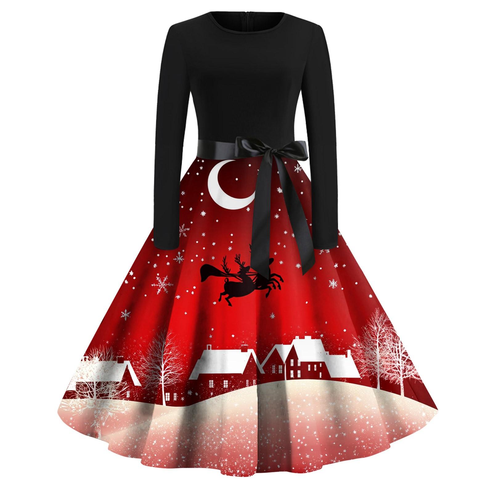 

Женское модное винтажное платье с длинным рукавом и круглым вырезом с рождественским принтом XXXL красный