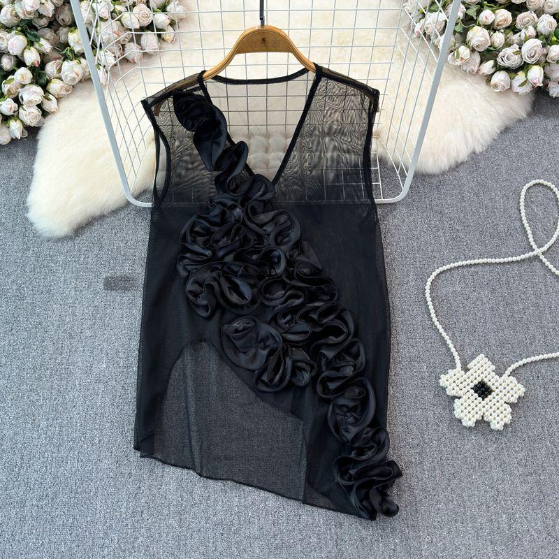 

French Style Design Three-Dimensional Flowers V Neck Sleeveless Waistcoat Vest Women s Summer Thin Korean Style Unique Chic Tops Black One size