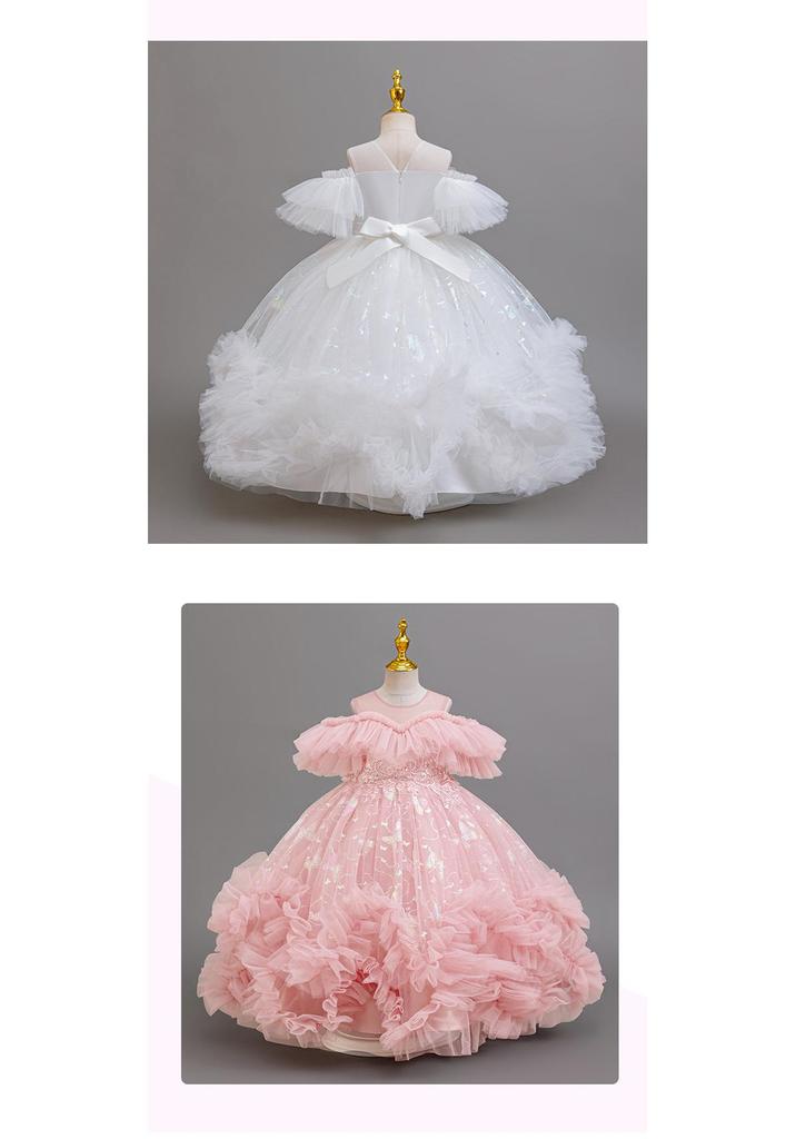 Girls' One-Shoulder Princess Dress with Mesh Puff Skirt – Formal Flower Girl Birthday Dance Costume