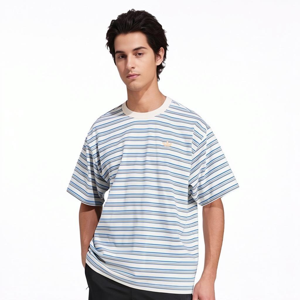 adidas Originals Stripe T-Shirt Fashion Versatile Round Neck Short Sleeve Men Tops White Blue Light-Orange KB8355