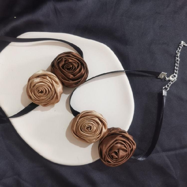 Soft Brown Flower Choker Tie Cravat Accessory Teen Girl Rose Flower Choker