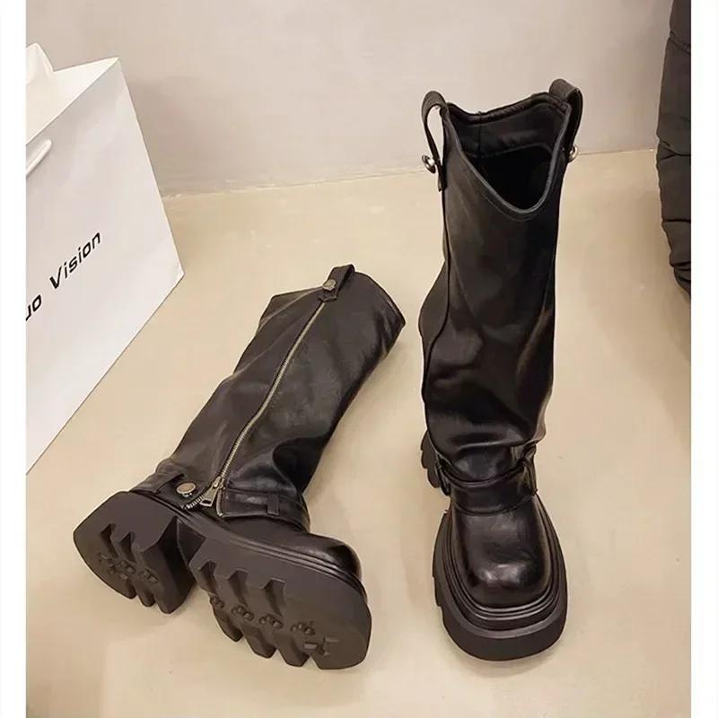 Damen Punk Faltplattform Stiefeletten Coole Kampfstiefeletten mit Gürtelschnalle Rutschfeste Goth Street Fashion Ritterstiefel