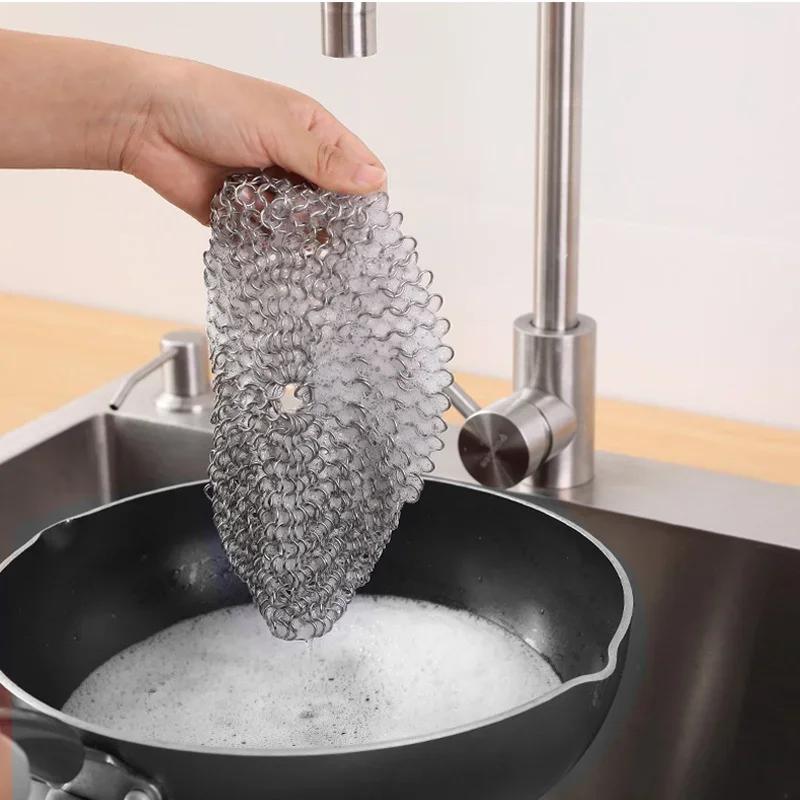 Cast Iron Cleaner Stainless Steel Cleaning Brush Rust Pot Plate Scrubber Brush Reusable Washing Net Scouring Pad Kitchen Gadgets