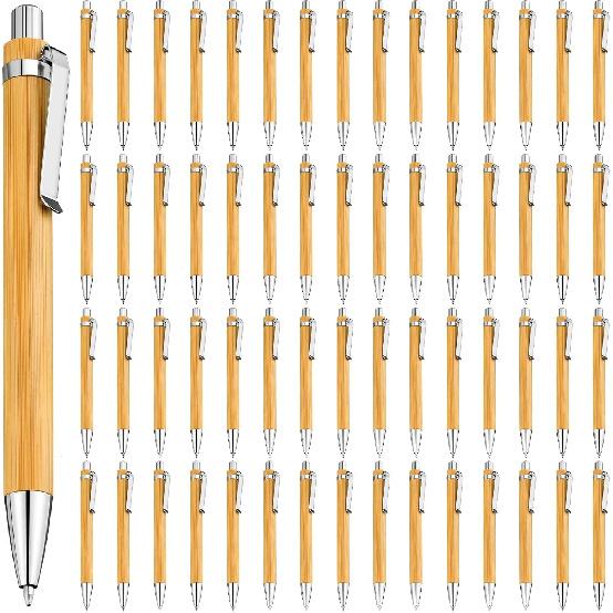 Leelosp 60 Pcs Bamboo Pen Retractable Ballpoint Pen Black Ink 1 mm Sustainable for Writing Office Products Wooden Bamboo Ballpoint for Journal