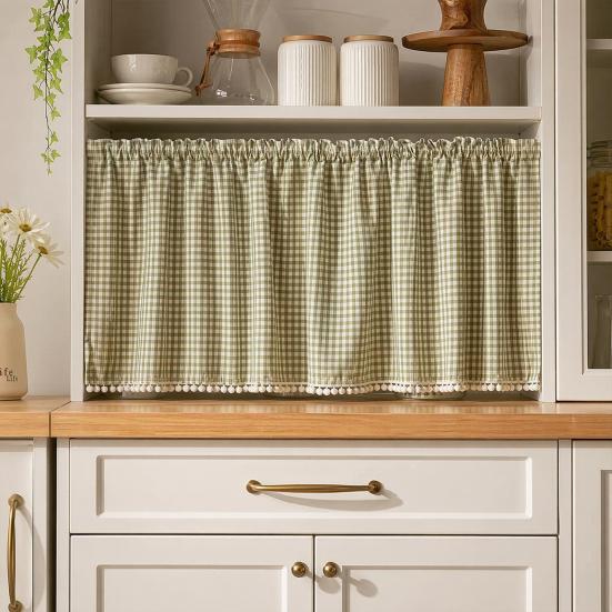 Tende a Quadri Buffalo Check, Tende a Mezza Finestra, Tenda per Finestra Cucina con Pompon, Tende Classiche da Caffè per Cucina, Soggiorno in Stile Farmhouse