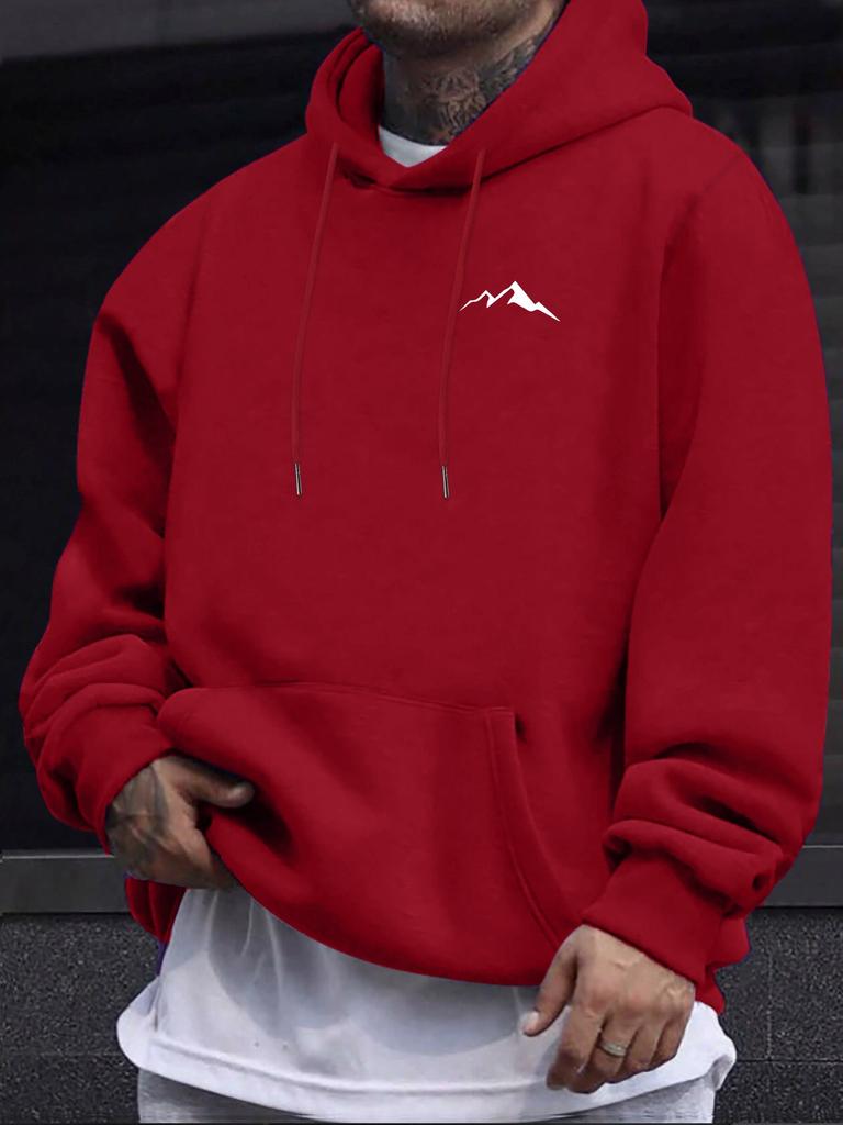 Men's Minimalist Mountain Peak Chest Print Hip Hop Sports Hoodie Simple Outdoor Loose Casual Sweatshirt