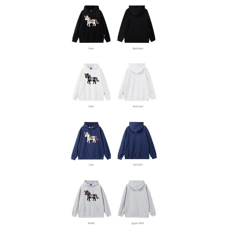 Wassup Year of the Horse Themed National Trend Heavy Fleece Sweatshirt for Men, Autumn and Winter Loose Casual Couple Hooded Top Jacket