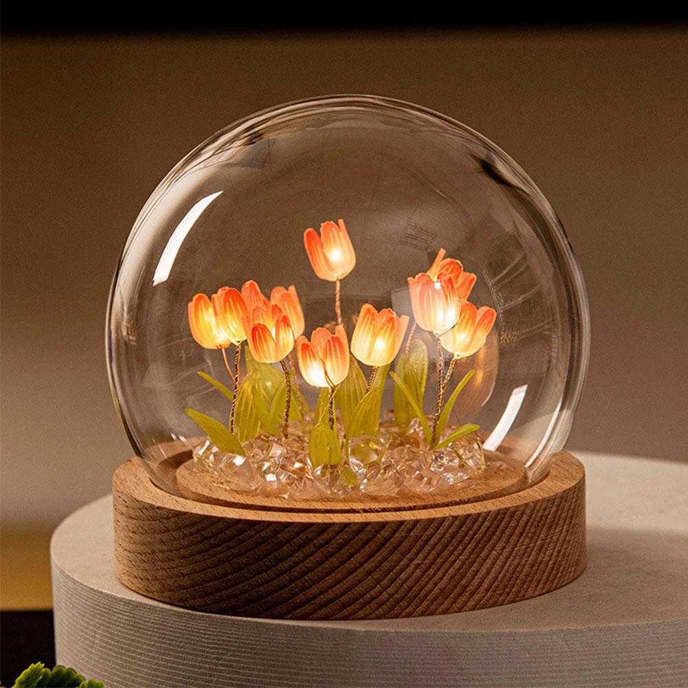 Tulip Flower Night Light With Glass Cover Handmade DIY Bedside Light LED Night Lamp Table Desk Lamp Bedroom Decor USB Mood Light