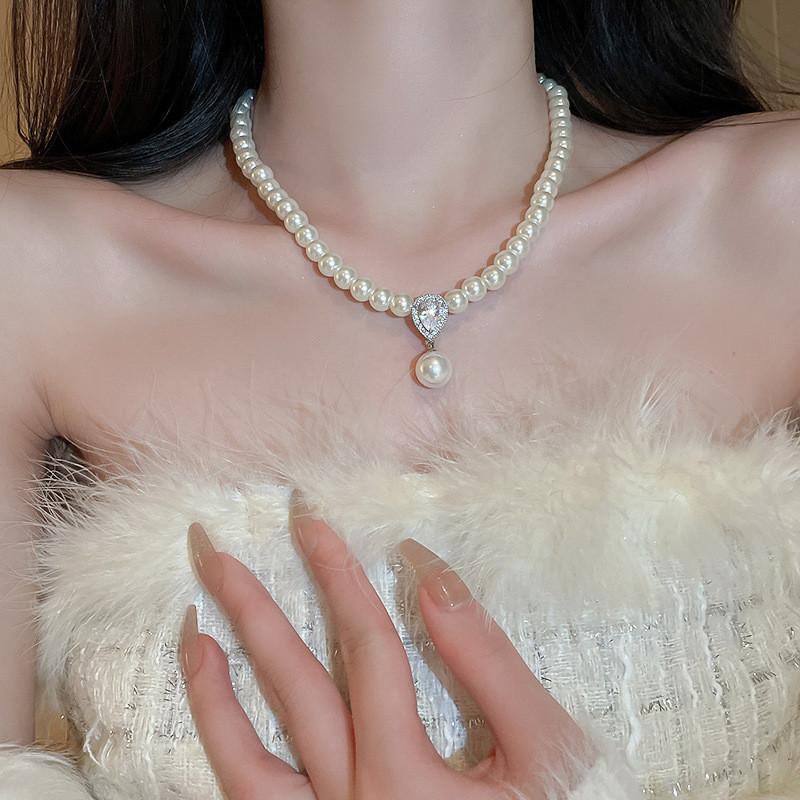 Colar Gota de Pérola Francês Vintage com Adornos de Zircônia para Mulheres Elegantes
