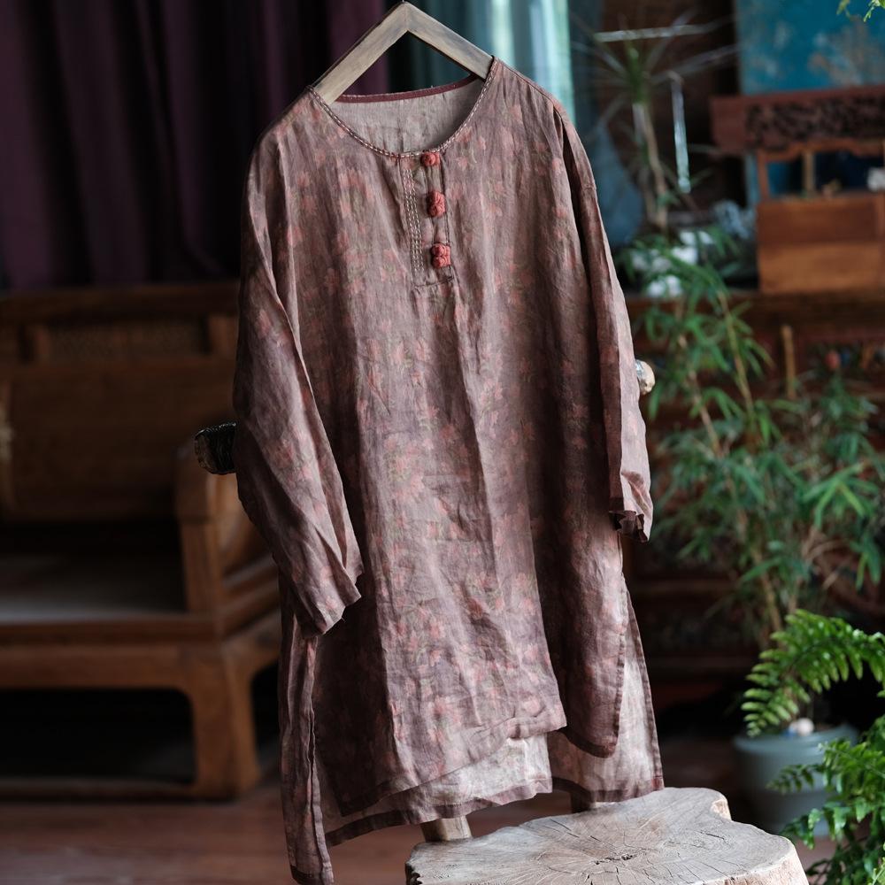 

Johnature Женские винтажные футболки с цветочным принтом и длинным рукавом, свободные осенние женские футболки с пуговицами One Size кофейный