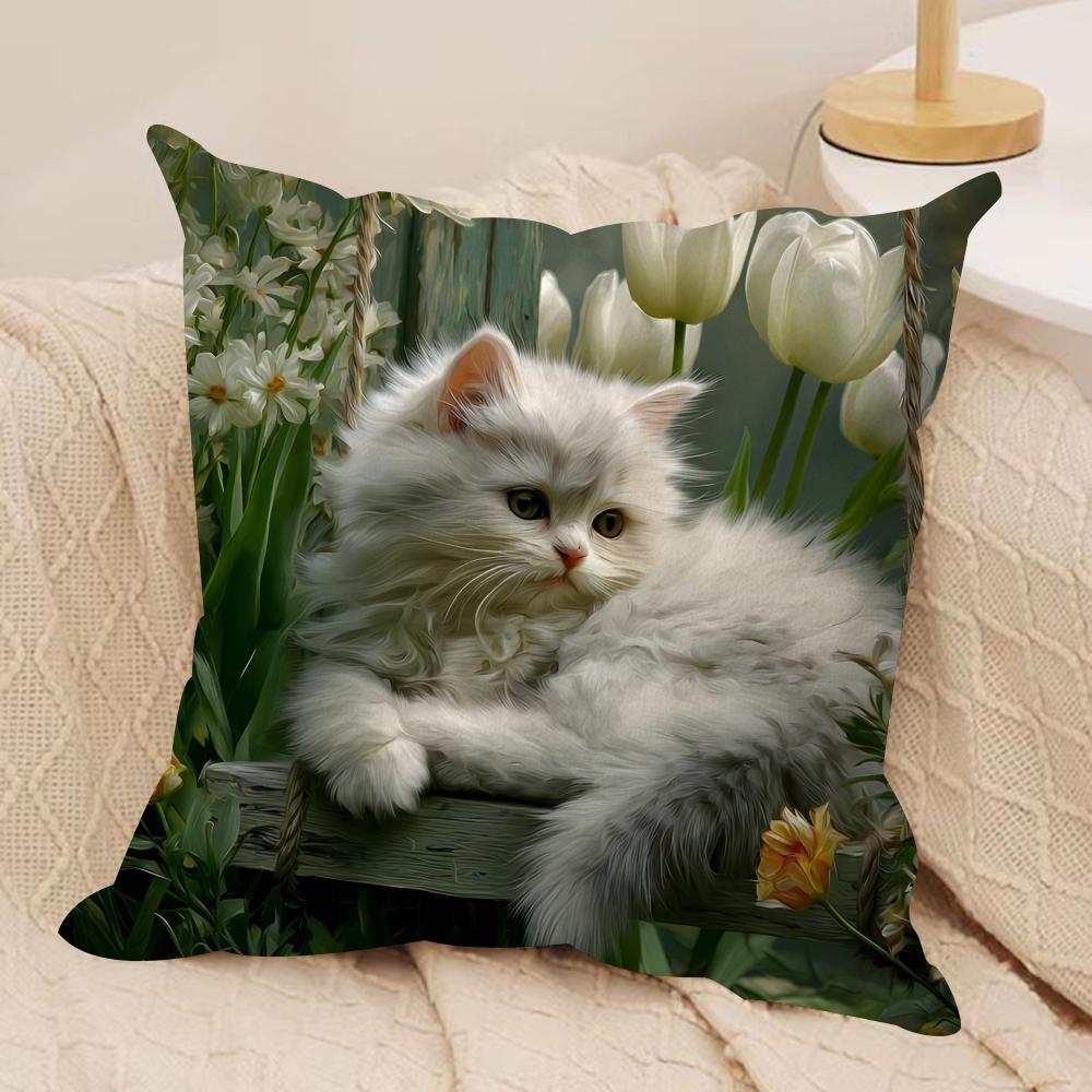 Katze und Blume Kissenbezug Weicher Plüschstoff Beidseitig Bedruckte Kissenbezüge für Alle Jahreszeiten Heimdekoration