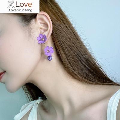 Orecchini pendenti a clip con petali di fiori viola bianchi in metallo, stile coreano, estivi, senza foro, per donna