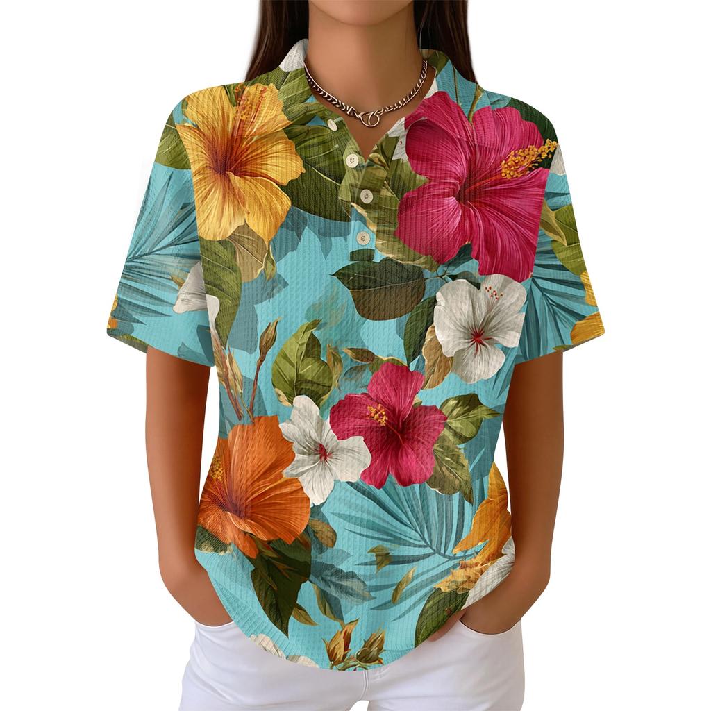 Women Casual Short Sleeve Hawaiian Print Waffle Knit Polo Shirt Lightweight Breathable Summer Top Relaxed Fit