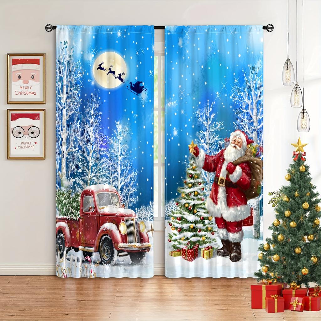 2pcs Christmas Tree Snowflake Curtain, Christmas Gift and Ball Curtain For Living Room, Kitchen, Bedroom, Hotel,Home Decor