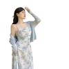 Women's Blue Floral Strappy Dress - French Tea Party, Waist-Cinched, Long Summer Beach Dress