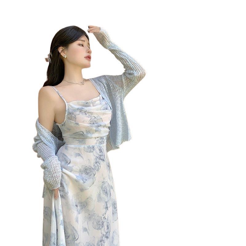 Women's Blue Floral Strappy Dress - French Tea Party, Waist-Cinched, Long Summer Beach Dress