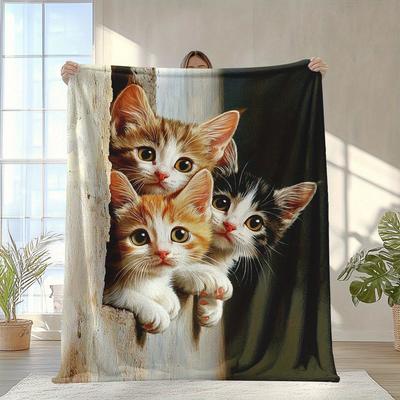 Cute Pattern of Three Little Cats Flannel Printed Blanket Suitable for All Seasons Suitable for Living Room Office Sofa Travel