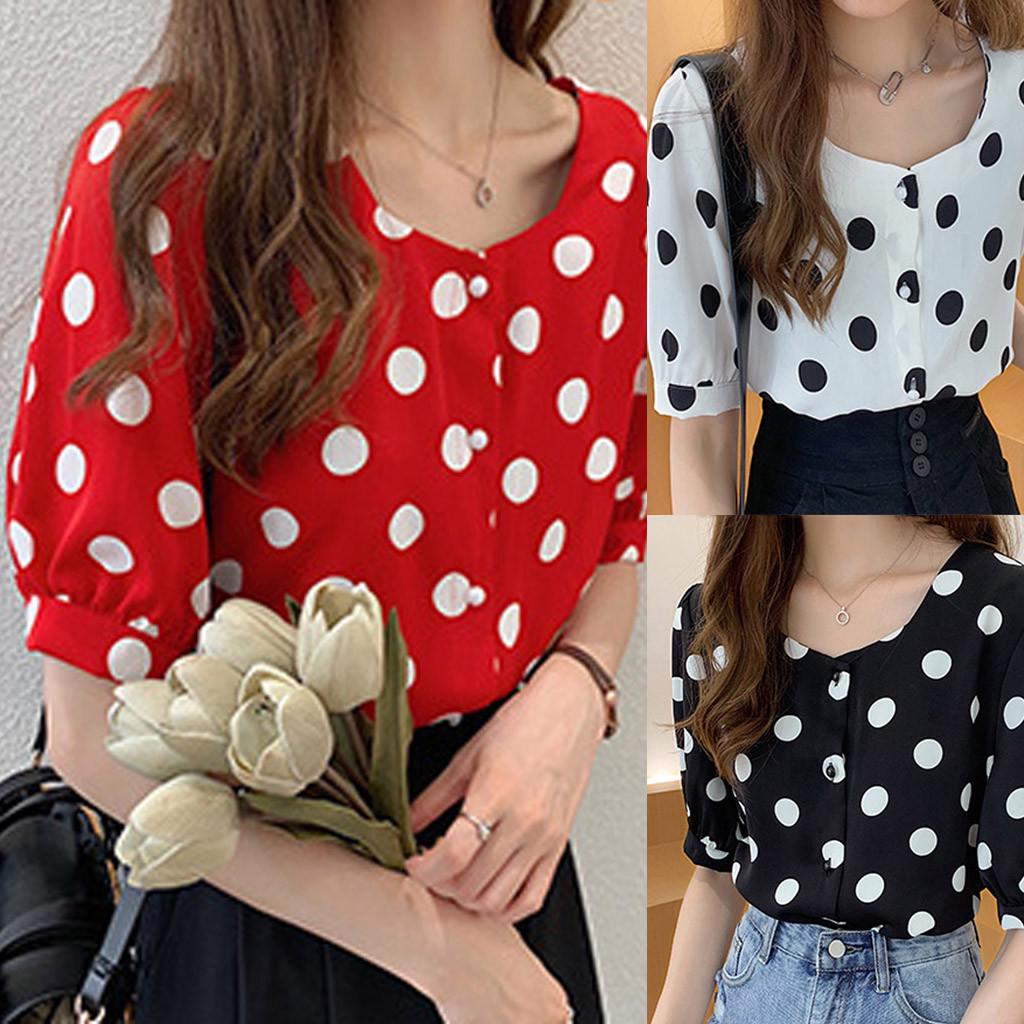 Fashion Women Casual Short Sleeve Polka Dot  Casual Tops Button Shirts