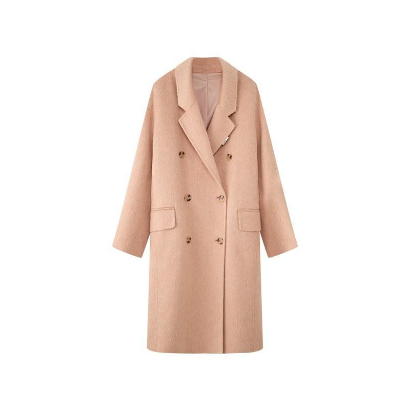

] Autumn and winter cocoon-shaped double-sided woolen coat women s simple temperament long loose wool jacket large lapel S