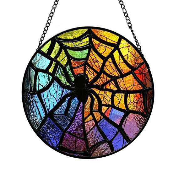 Halloween Suncatcher Decoration Spider Pumpkin Bat Witch Broom Ghost Stained Glass 2D Flat Acrylic Wall Window Hanging Sign Ornament