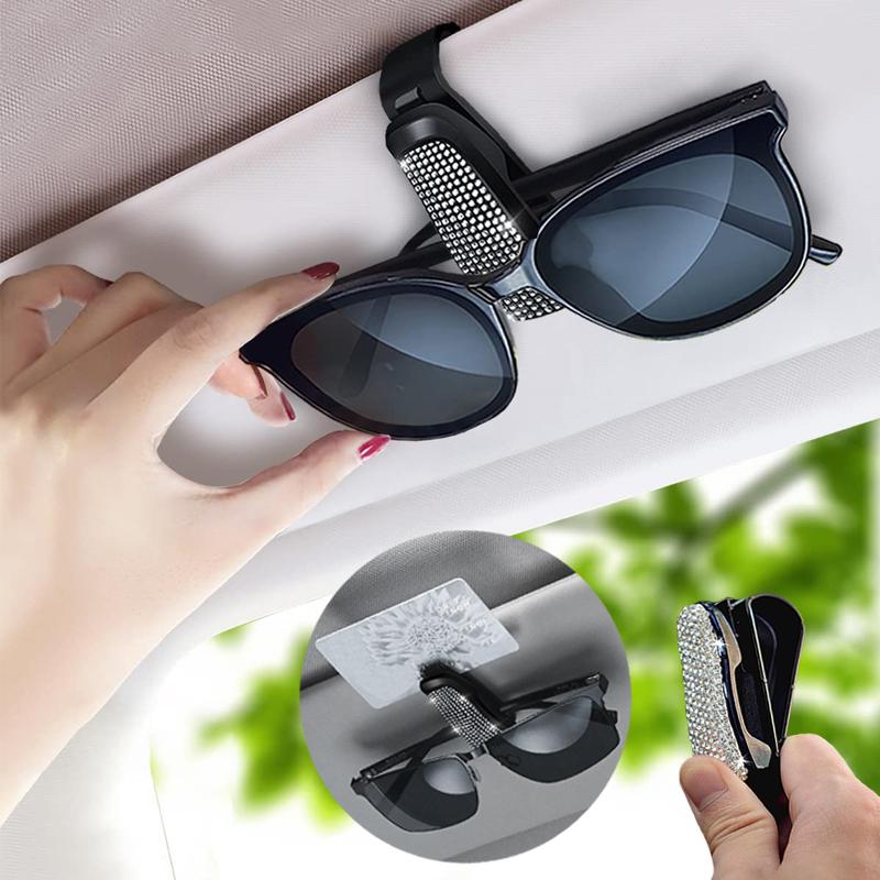 Rhinestone Car Glasses Clip Car Sun Visor Glasses Case Sunglasses Bracket Card Bill Ticket Organizer Holder Auto Accessories