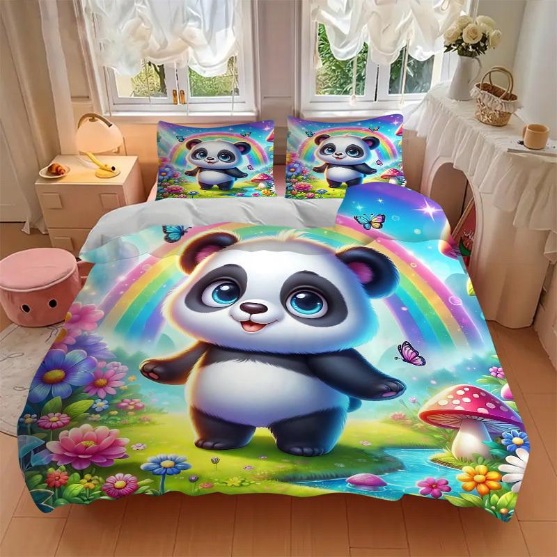 3pcs Rainbow Panda Bedding Set - Includes One Quilt Cover and Two Pillowcases (No Core) - Festival Gift for Bedroom Decor - Anime Cartoon De