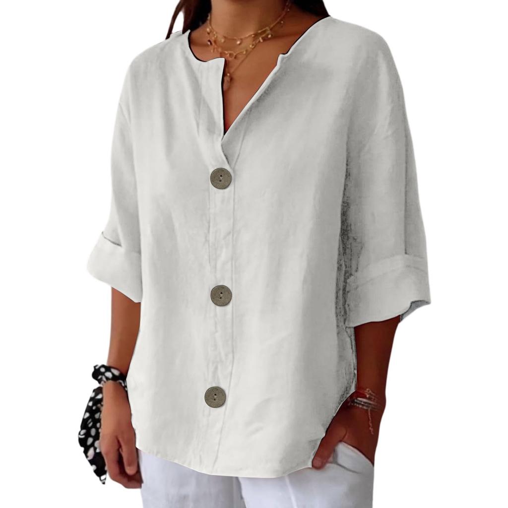Women's Fashion Casual V-Neck Buttoned Seven Sleeve Cotton Linen Top