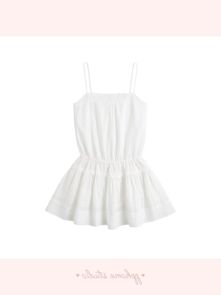 Cotton sweet stacked white suspender dress women's summer waist sexy lace temperament A word short skirt