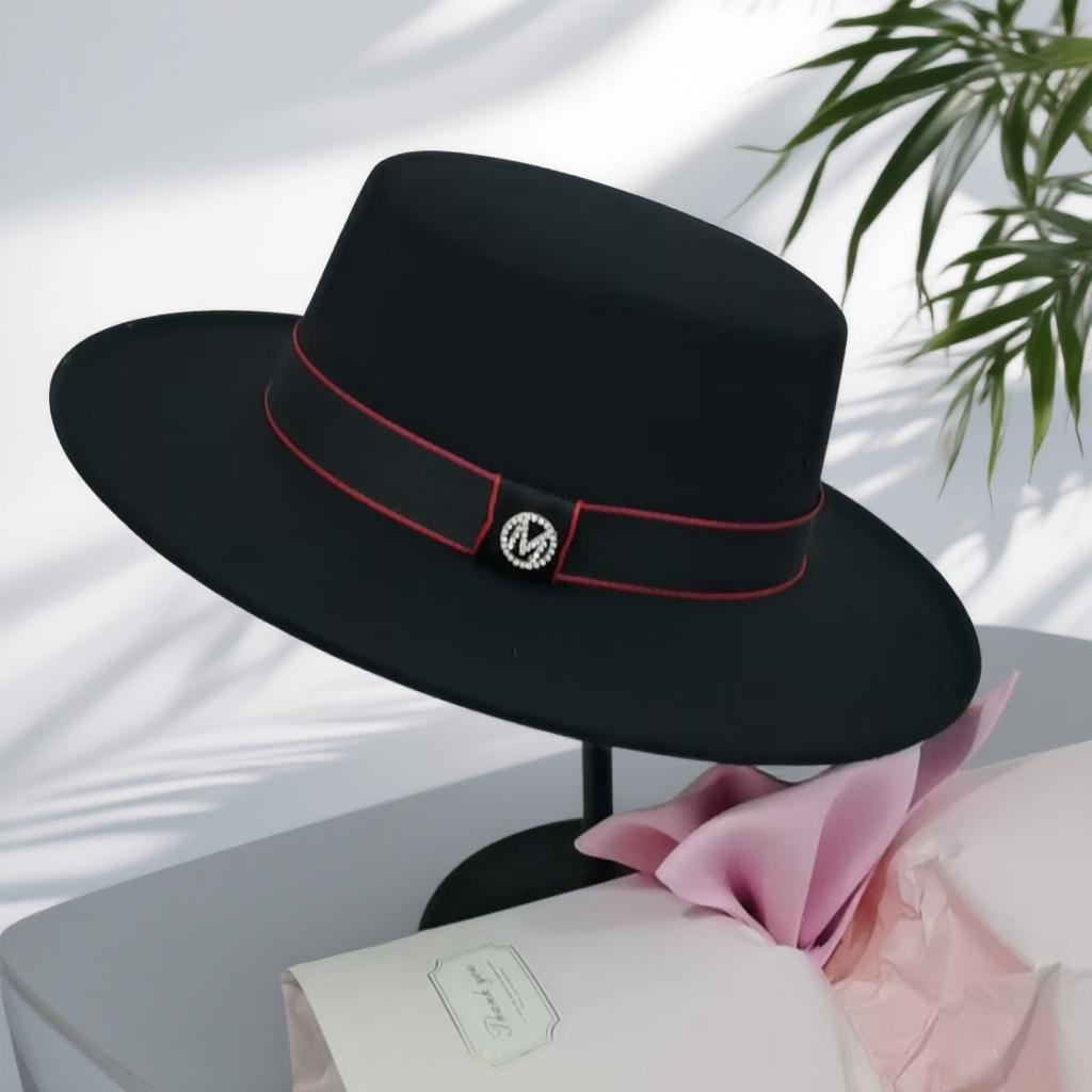 Retro woolen flat hat female autumn and winter French temperament socialite M standard top hat fashionable flat-brimmed jazz hat self-operated