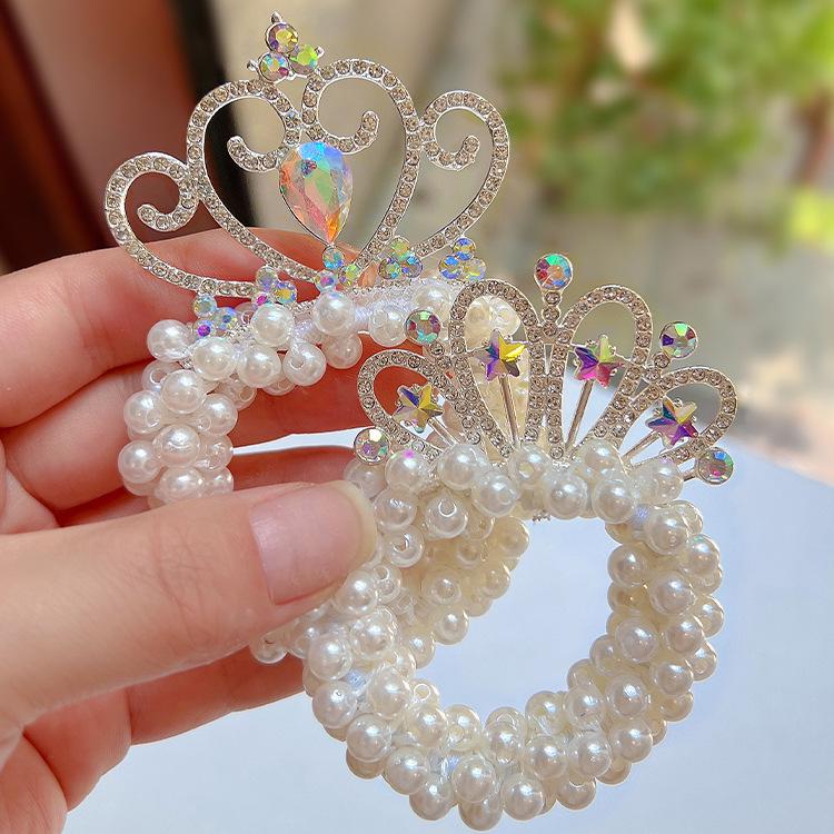 Pearl Crown High Ponytail Hair Ring for Girls - Cute Elastic Headband Accessory for Children