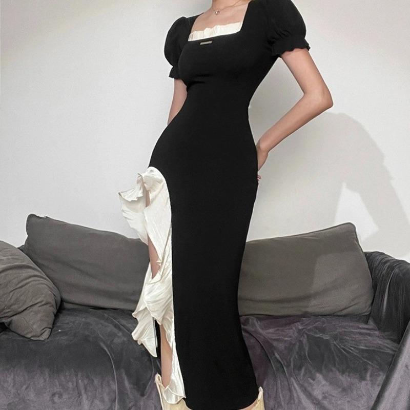 Women's Temperament Retro Design Slit Thin Irregular Color Patchwork Square Collar Dress