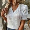 Women’s Summer V Neck Hollow Out Short Sleeve Blouse Eyelet Embroidered Loose Fit Casual Lightweight Top Shirt