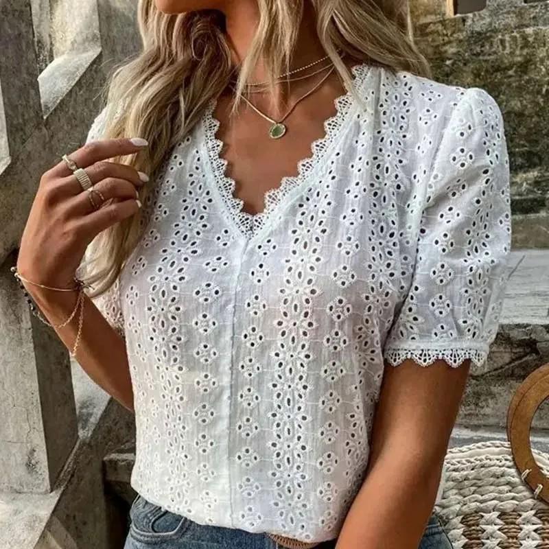 Women’s Summer V Neck Hollow Out Short Sleeve Blouse Eyelet Embroidered Loose Fit Casual Lightweight Top Shirt