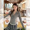 Fake two-piece contrasting color splicing semi-open neck long-sleeved T-shirt women's early autumn new button design versatile top
