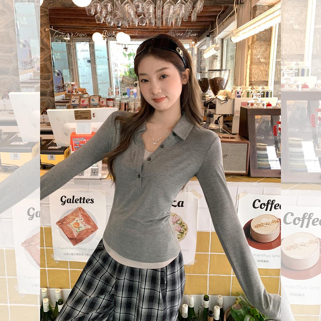 Fake two-piece contrasting color splicing semi-open neck long-sleeved T-shirt women's early autumn new button design versatile top