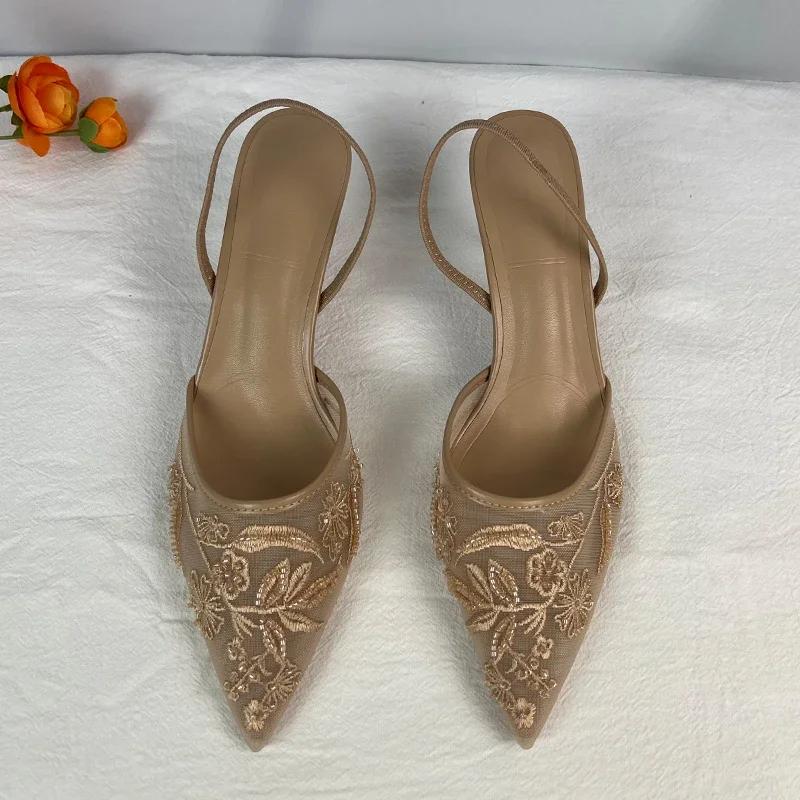 Soleist New Women Sandals Brand Designer Ladies Flower Mesh Open Heel Sandals Shoes Sexy High Heel Pointed Toe Stiletto Pumps Mules