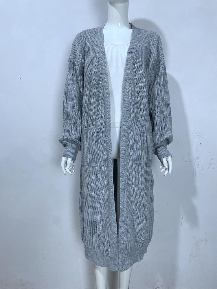 Solid Color Women's Knitted Mid-length Cardigan with Pockets