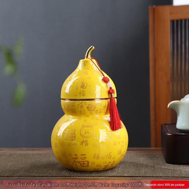 Exquisite Large Ceramic Tea Can with 'Hundred Blessings' Gourd Design: Moisture-proof, Ideal Gift for Elders, Weddings & Business Celebrations