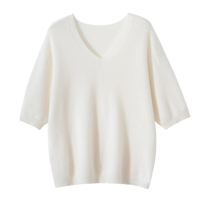Women's V-Neck Short Sleeve Cropped Cashmere Sweater - Loose Knit Base Layer for Autumn/Winter