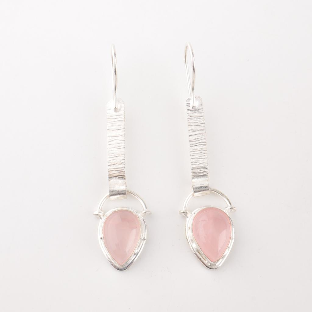 Natural Rose Quartz Gemstone 925 Sterling Silver Jewelry Handmade Earrings 2.3" EE-166-28